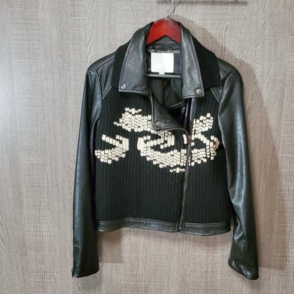 ETT TWA Black Faux Leather Jacket Size Medium Shaker Knit Front Anthropologie - Picture 3 of 10